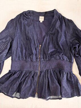 Maeve Anthropologie Tommie Long-Sleeve Denim Smocked Front-Zip Blouse - 2XL